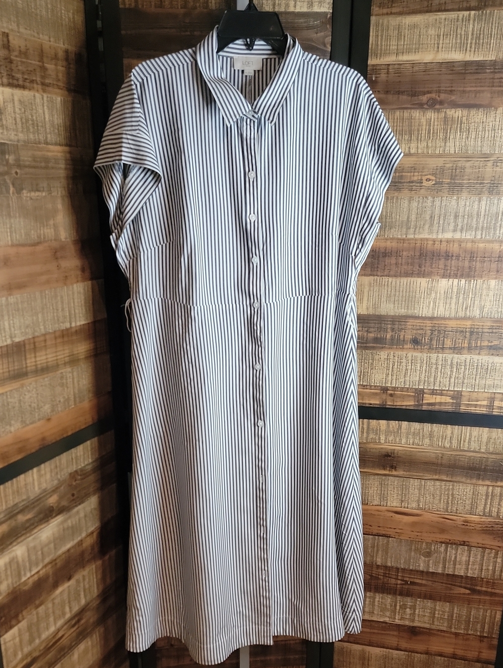 LOFT Striped Midi Shirt Dress in White and Navy